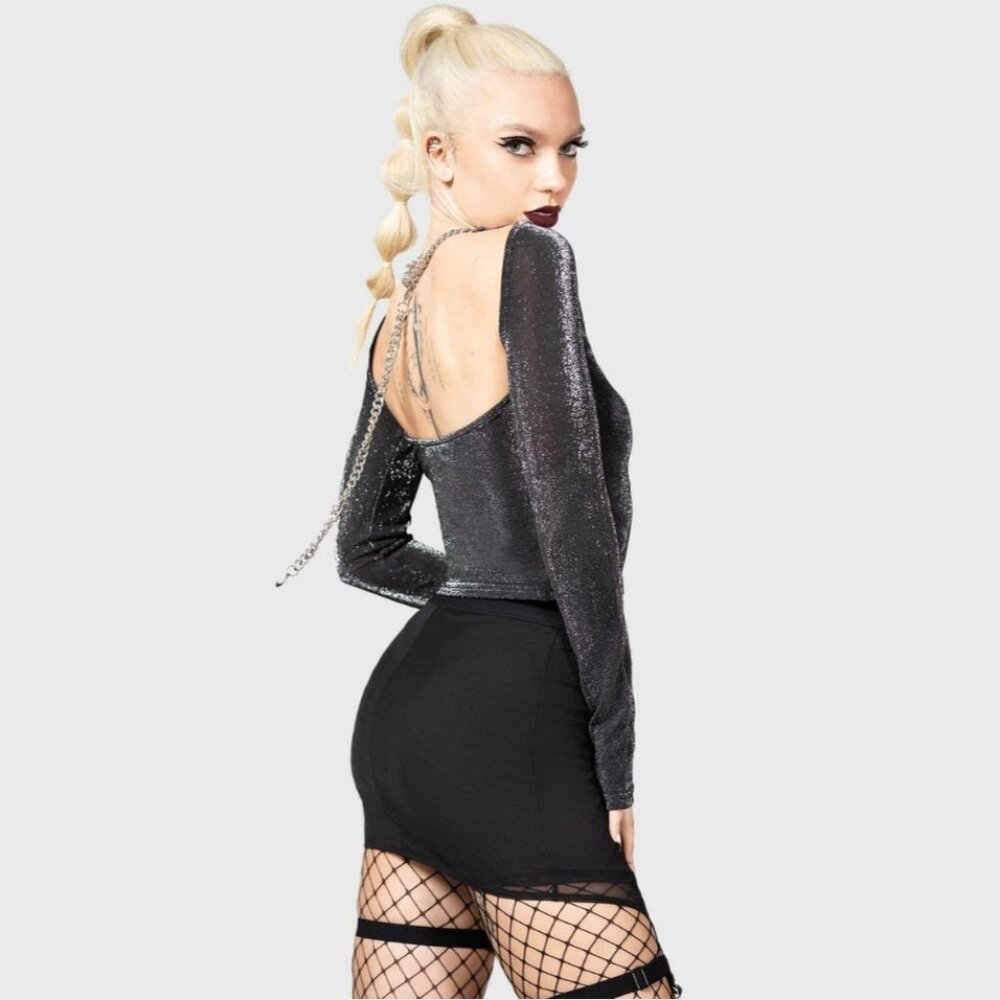 Killstar ✦ Metal Reflection Top ✦ Black Semi‑Sheer Long Sleeve Cut‑Out High Neck
